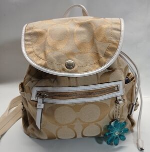 Coach Signature Canvas Backpack in Khaki with White Trim